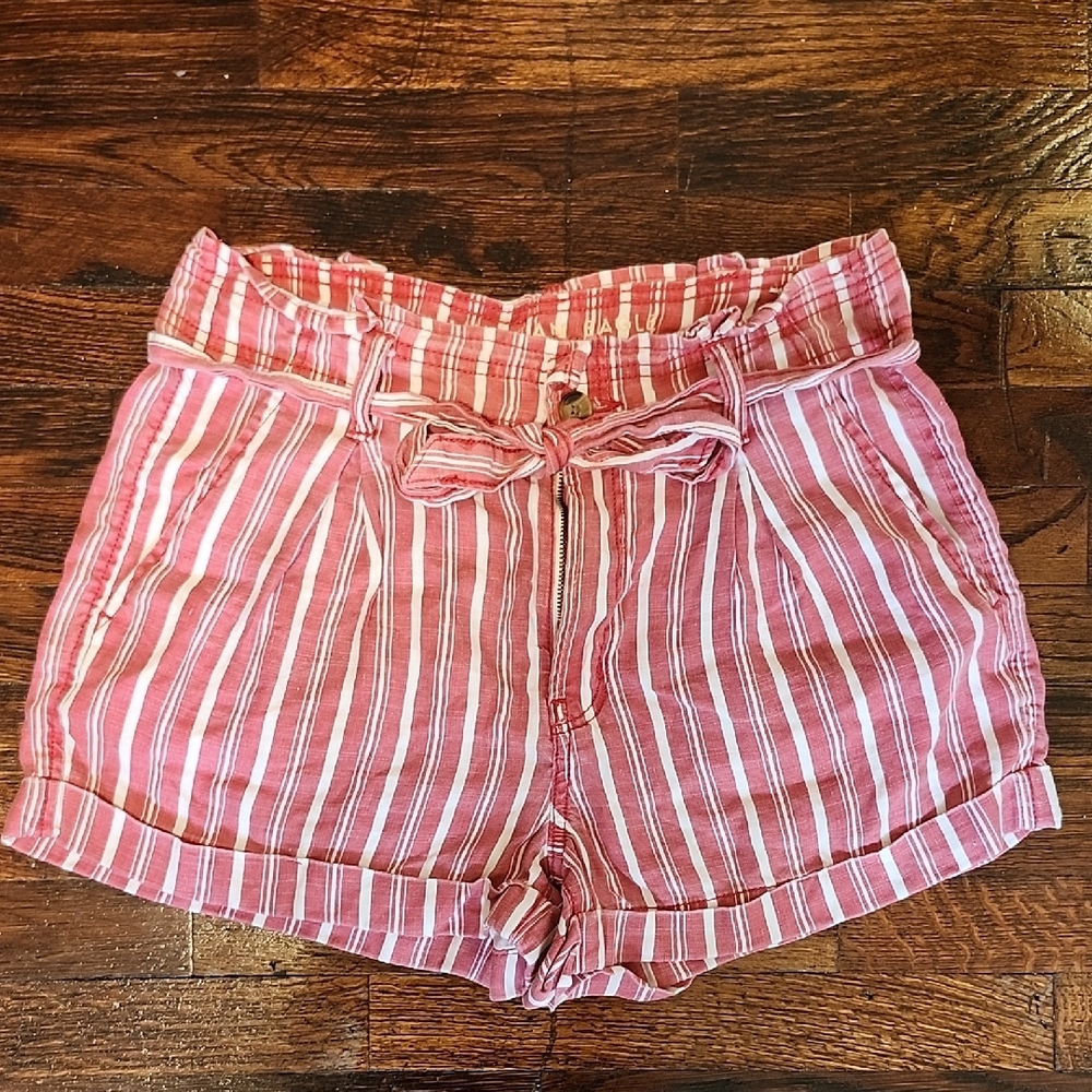 American Eagle Outfitters Red and White Striped High Waist Linen Blend Shorts